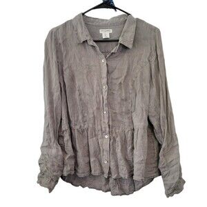 Artisan NY 100% Linen Gray Peplum Ruffle Hem Button Up Top Size Large lagenlook